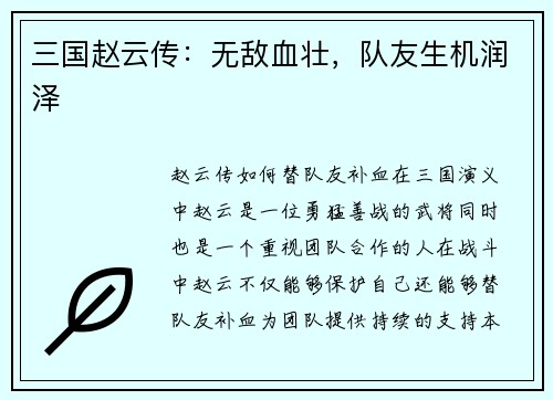 三国赵云传：无敌血壮，队友生机润泽