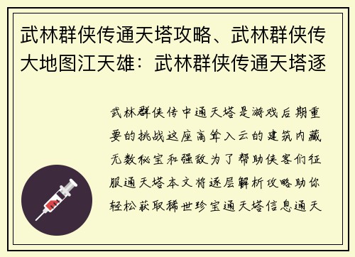 武林群侠传通天塔攻略、武林群侠传大地图江天雄:武林群侠传通天塔逐层攻略,秘宝尽揽